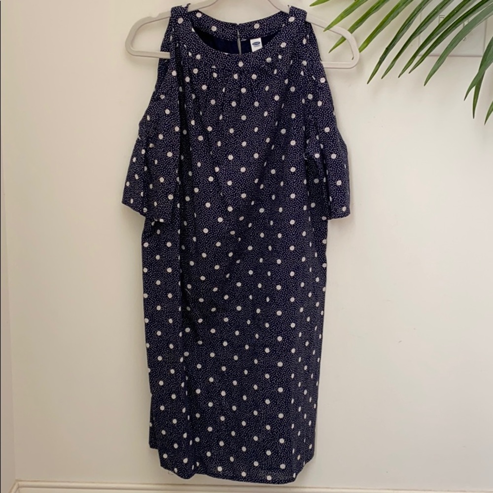 Navy Cutout Shoulder Polkadot Dress